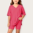 thumbnail image 2 of Girls 2pc Outfits Summer Solid Color Short Sleeve V Neck Drop Shoulder T-Shirts Basic Leggings Shorts Sets Hot Pink 6-7 Years, 2 of 7