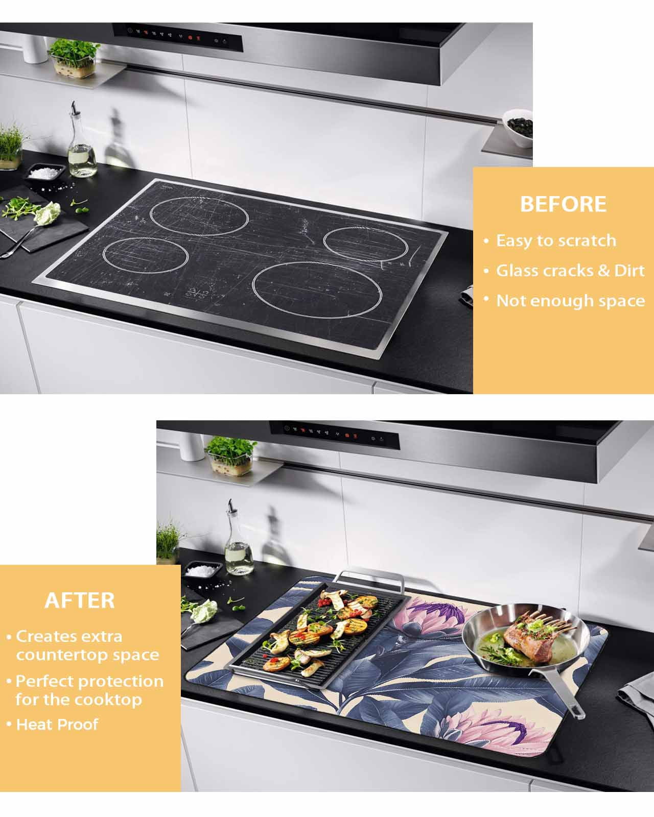 nqOlkjepod Large Induction Cooktop Protector Mat 24"x21", Blue Pink Purple Floral Stove Top Covers for Electric Stove, Oil Painted Botanical Art Stove Burner Cover Mats, Glass Top Stove Cover