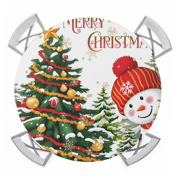 Red Christmas Round Tablecloth for 36-44 Inch Tables,Fitted Table Cover with Elastic Edge,Snowman Xmas Tree Ball Snowflake Winter Waterproof Outdoor Table Cloth Protector for Patio Garden Dinner