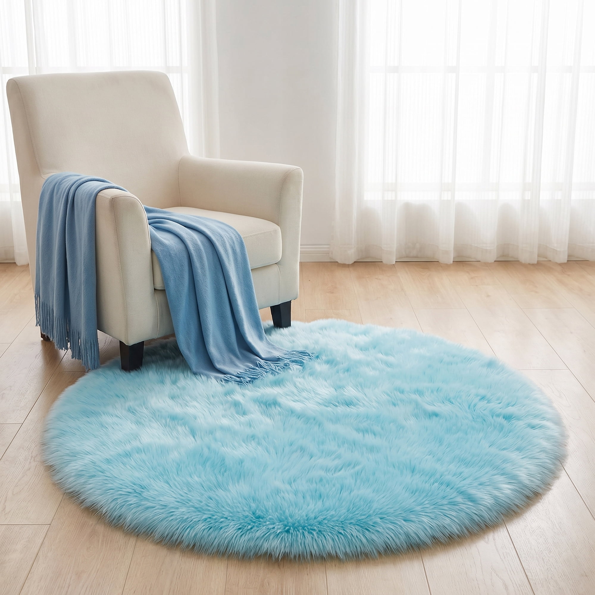Unique Bargains Shaggy Round Area Rug Fluffy Non-Slip Fuzzy Carpet 20" x 20" Blue