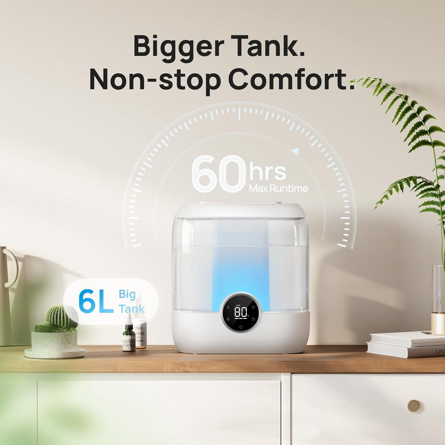 Humidifiers for Bedroom, 6L Easy to Fill & Clean, 60H Runtime for Large room, 28 dB Quiet Cool Mist Air Humidifier for Plant, Baby Nursery, Home, Indoor, Night Light, Precise Humidity Control