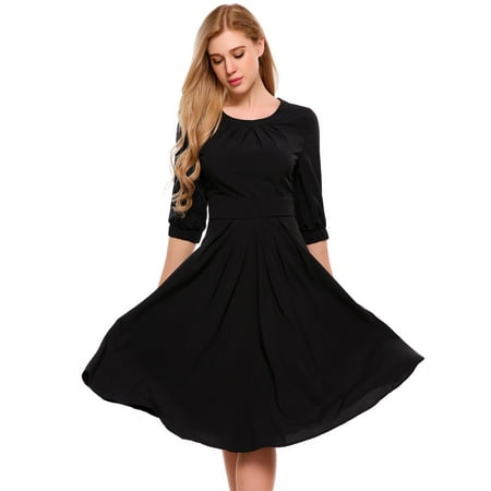 - Women Fashion O-Neck Half Sleeve Solid High Waist Weddding Pleated Dress HFON