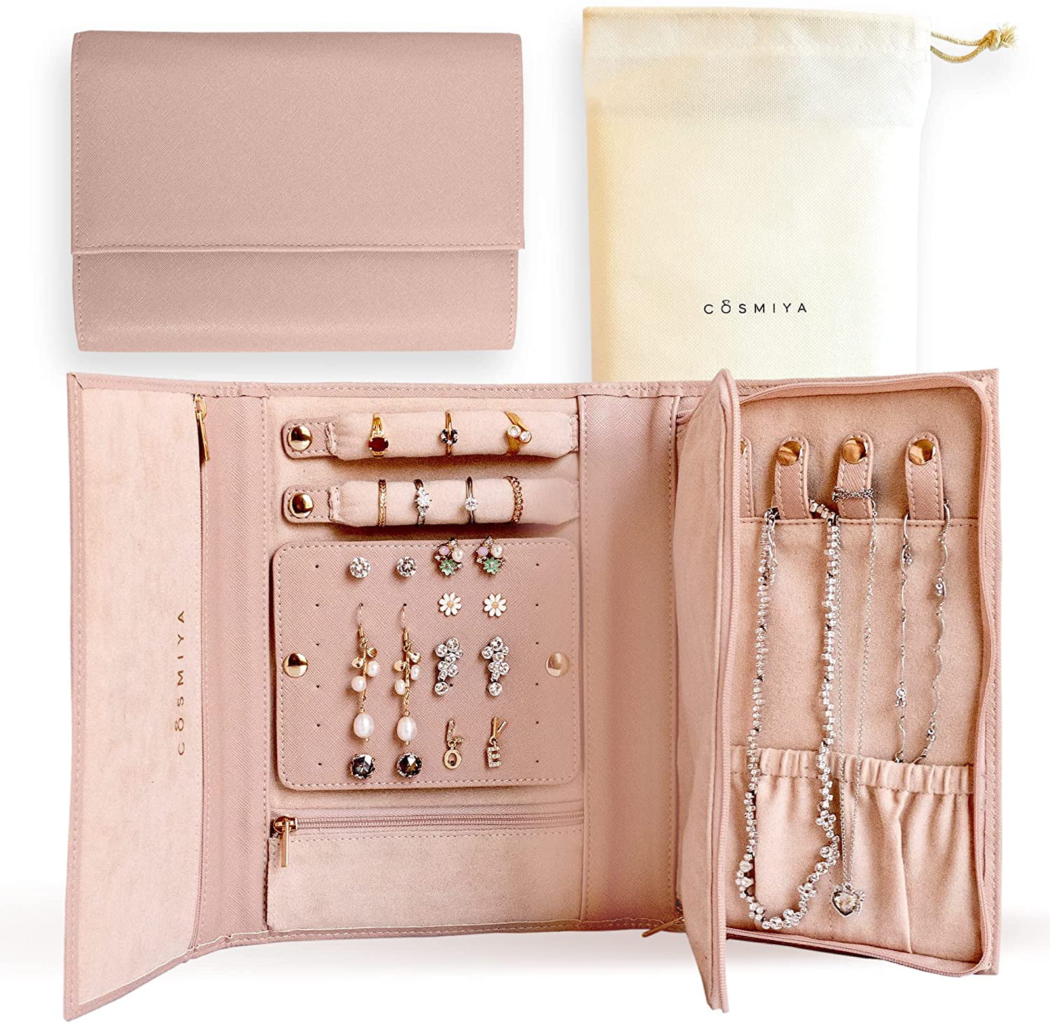 SIDAITE Travel Jewelry Organizer Jewelry Roll Foldable Storage Case for Women Earring Pink, Bag only Ring Necklace and Braclet Holders 