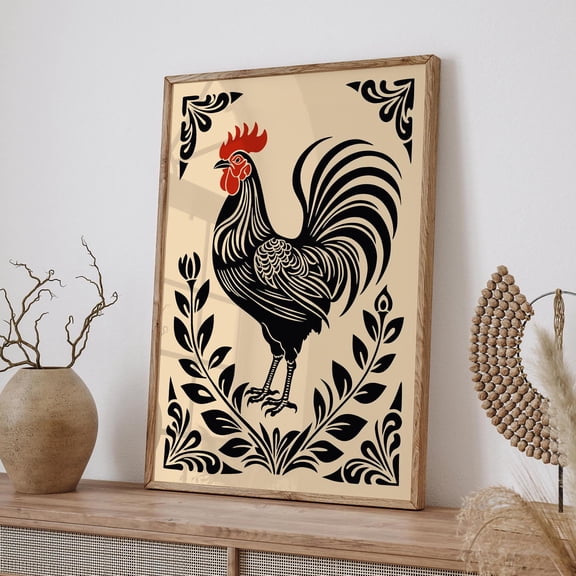 Rustic Rooster Art Print: Black Farmhouse Kitchen Decor UNFRAMED Poster, Wall Art for Decor, Present, 8x12