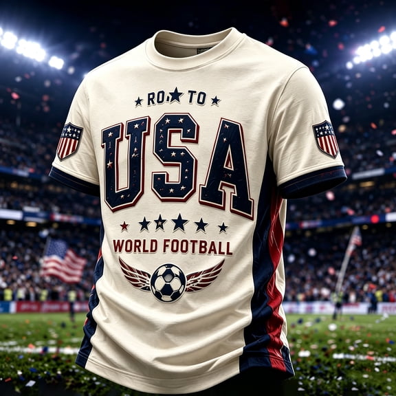 USA 2026 Soccer Cup Fan Jersey for Men, Crewneck Short Sleeve T-Shirt with Statue of Liberty & Stars Graphic, Lightweight Breathable Athletic Top, 1 PC Beige L