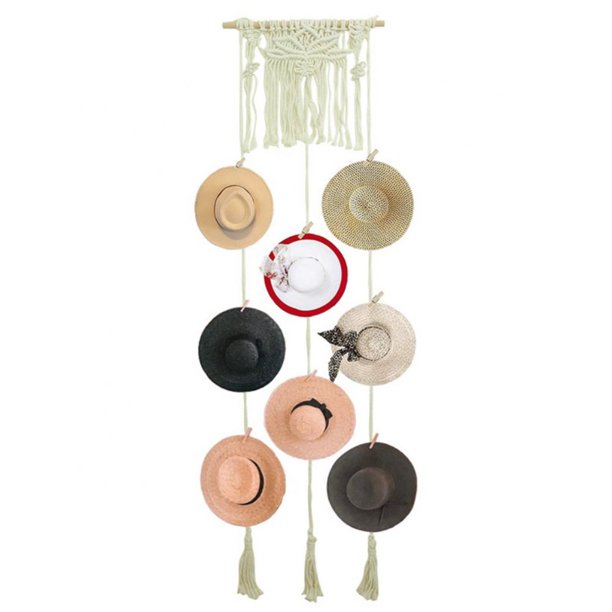 Boho Hat Rack Wooden Hat Organizer Woven Hat Storage Hanger Wall