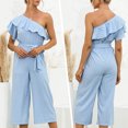 thumbnail image 2 of Gibobby Mono Ajustado de Verano Mujer Verano Casual Hombro inclinado Manga corta Volantes Cintura alta Pantalones largos Monos de pierna ancha Mamelucos(Aqua， M), 2 of 5