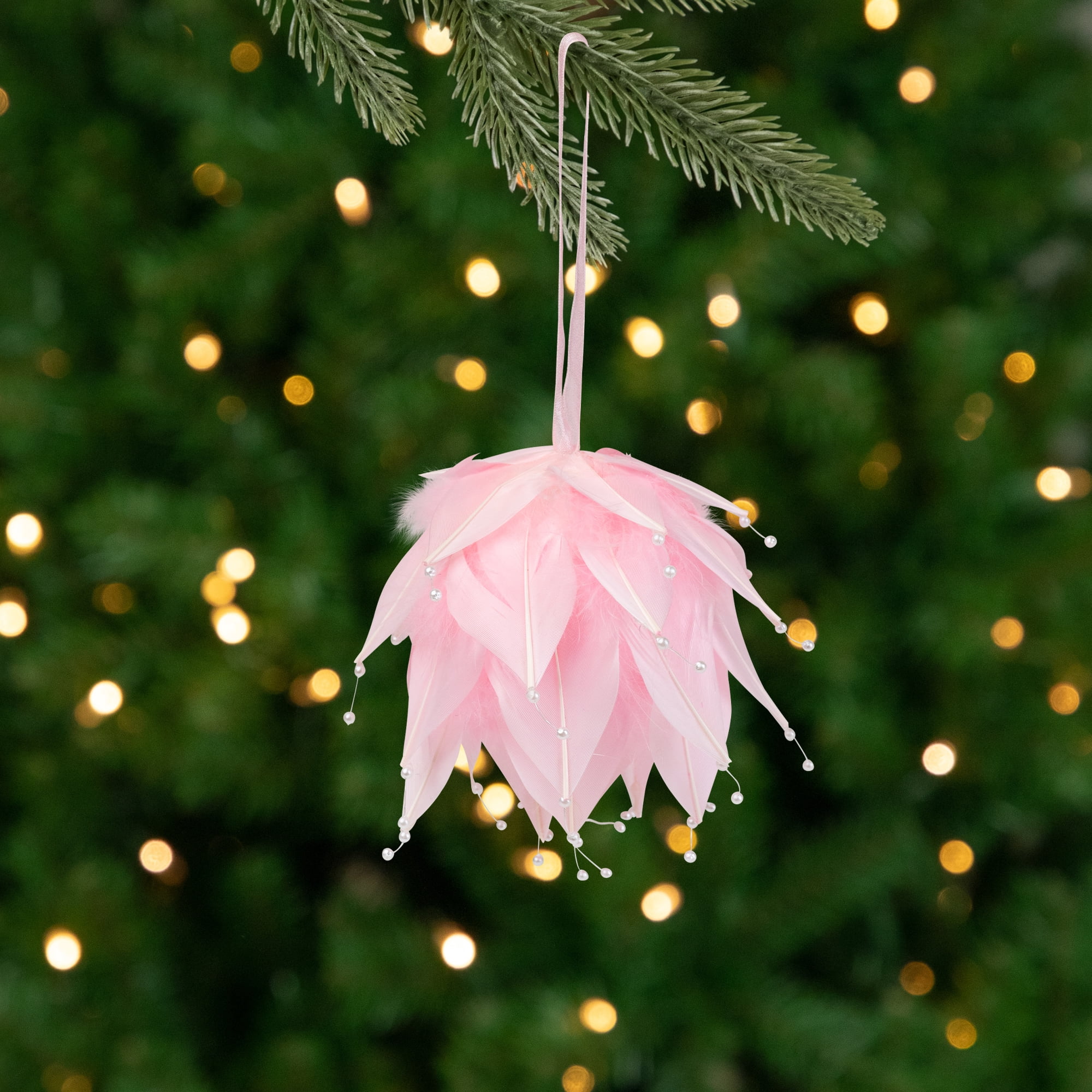 Feathered Ball with Pearls Christmas Ornament - 4.25" - Pink and White