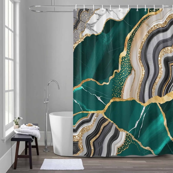 Green Gold Marble Shower Curtain for Bathroom Decor, Glitter Geometric Marble Foil Texture Waterproof Fabric Shower Curtain, 54"x78" Set with 12 Hooks
