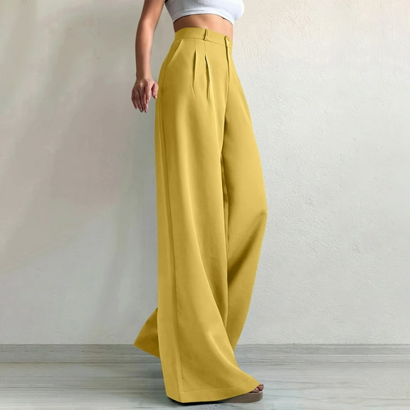 PiGOGI Women's Spring Solid Color Wide Leg Pants - Versatile Straight Tube High Waisted Commuting Trousers Yellow XL