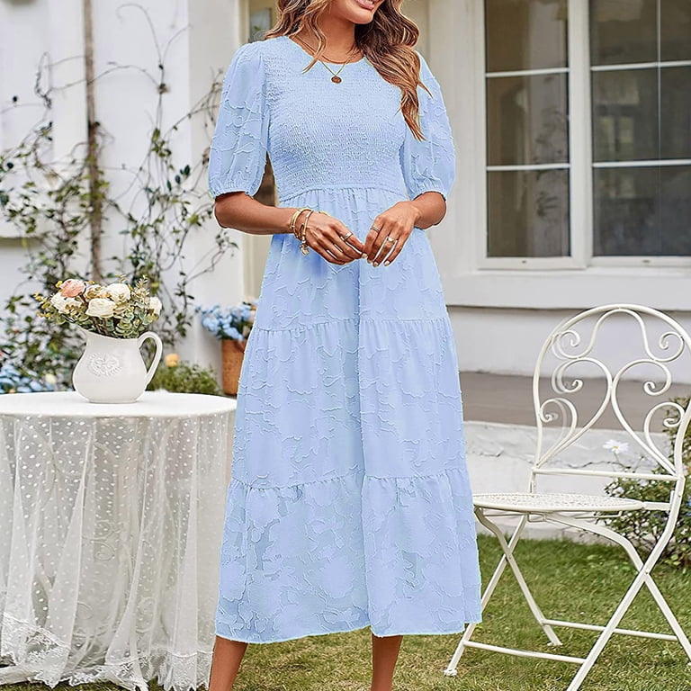navy blue dress for baby girl Baby Blue Sheath Midi Dress With Open Back and 3/4 Voluminous Sleeves