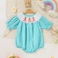 thumbnail image 3 of ZEHJUHAN Baby Girls' Bunny Embroidered Romper, Checkered Pattern Bubble Sleeve Onesie Toddler Summer Clothes Green，3-6M, 3 of 10