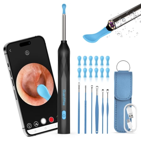 Ear Wax Removal  GuardWee Ear Cleaner with Camera and Light - Ear Wax Removal Tool Camera with 6 Pcs Ear Pick Set  Ear Cleaning Kit 1440P HD Camera (Black)
