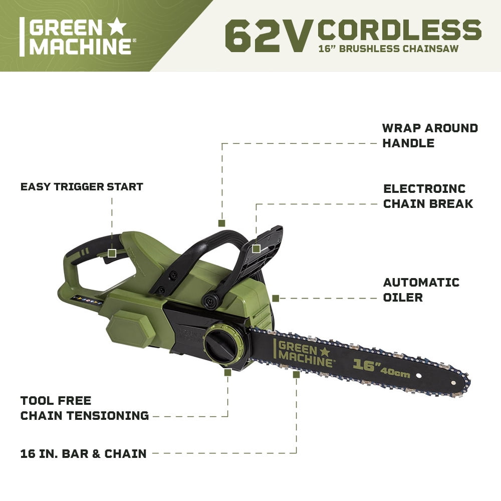 Green Machine 62V Cordless 16" Chainsaw with 4 Ah Battery and Charger