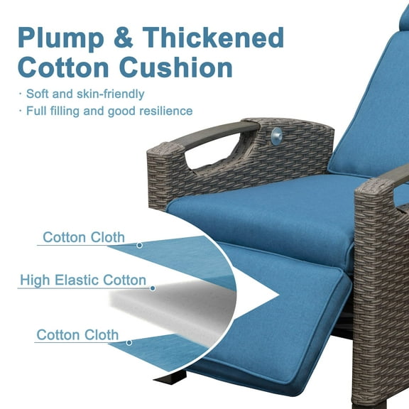 Outdoor Recliner Chair: Hand-Woven Wicker Patio Lounge with Flip Table, Adjustable 150° Recline, Thick Navy Blue Cushions, Steel Frame, Garden & Patio Use.