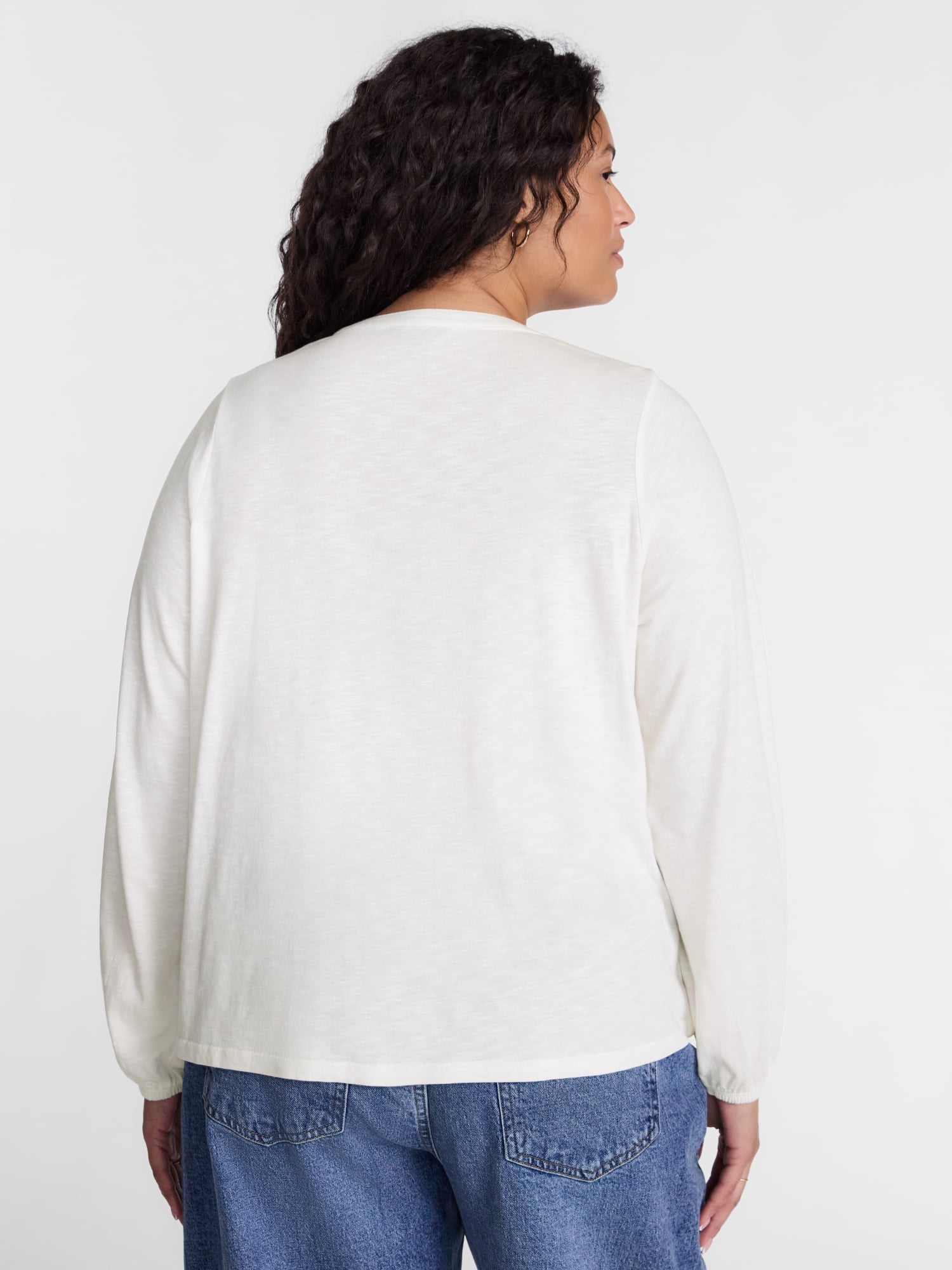 Terra & Sky Women's Plus Smocked Yoke Top with Long Sleeves, Sizes 0X-5X