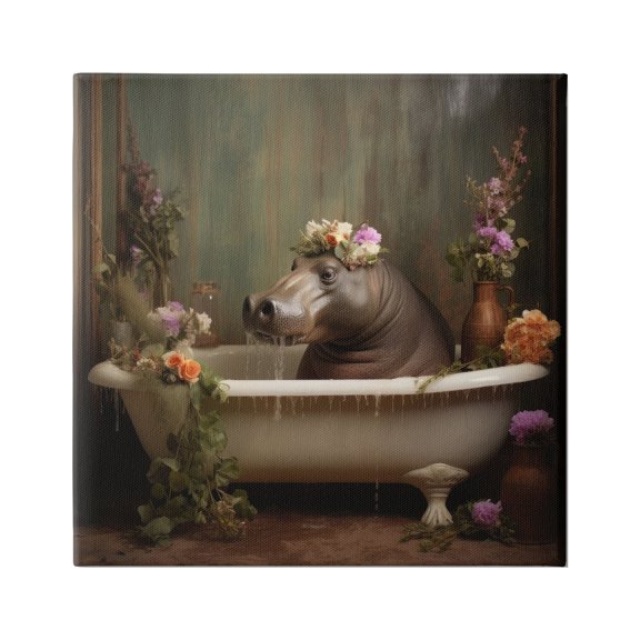 Stupell Industries Vintage Hippo Bathtub Animals & Insects Painting Gallery Wrapped Canvas Art Print Wall Art, 17 x 17