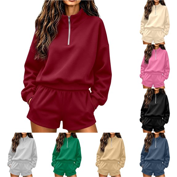 Norvella Womens Half Zip 2 Piece Shorts Set Long Sleeve Pullover Top Elastic Waist Bottoms With Pockets Matching Casual Sweatsuit