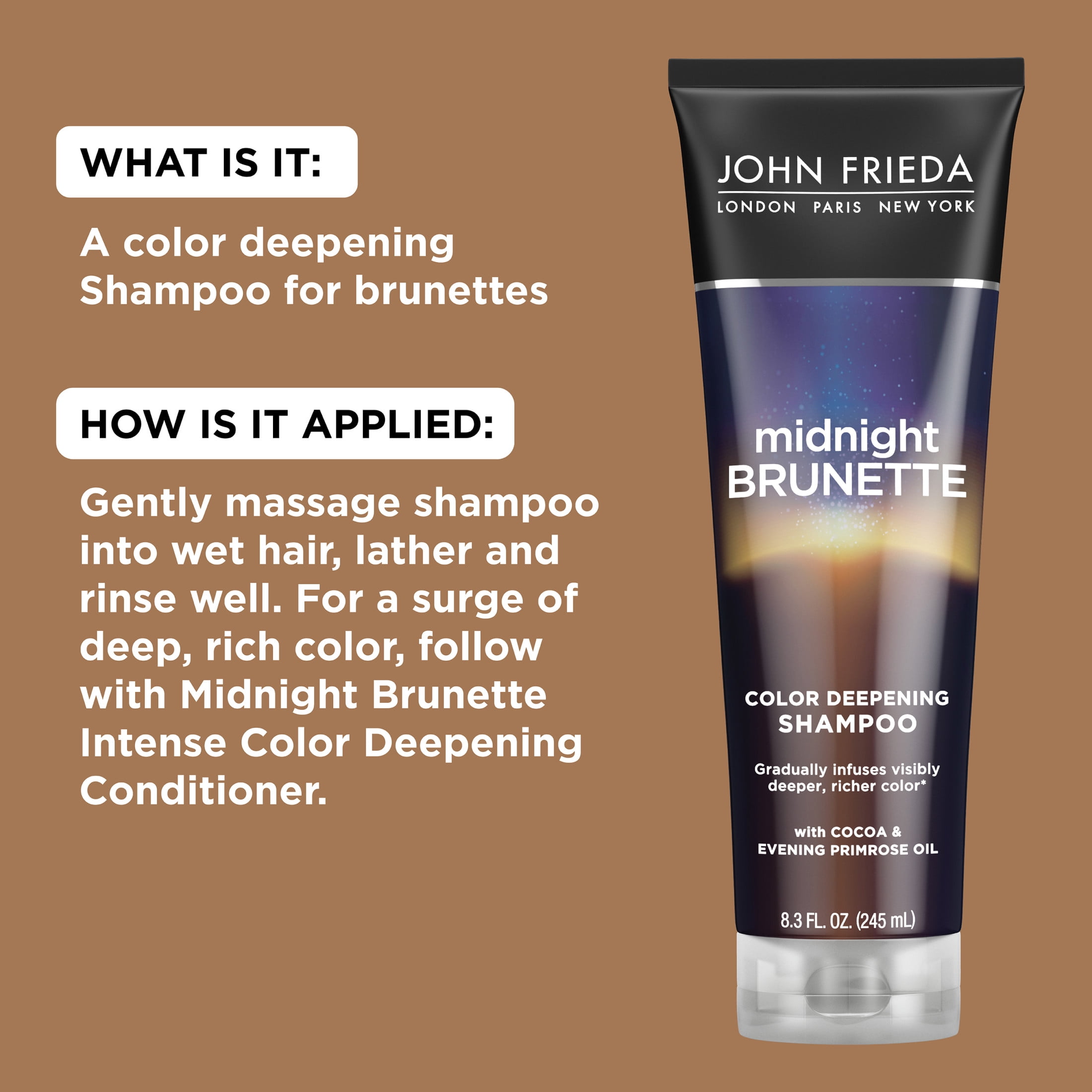 John Frieda Midnight Brunette Hair Womens Deepening Shampoo, Cocoa & Primrose Oil, 8.3 oz