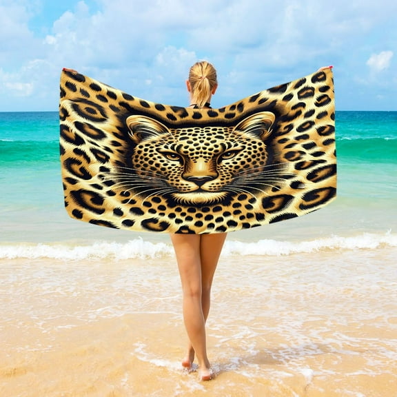 Ryvnso Leopard Head Brown Oversized Beach Towel Microfiber Bath Blankets Swimming Fitness 37" x 74"