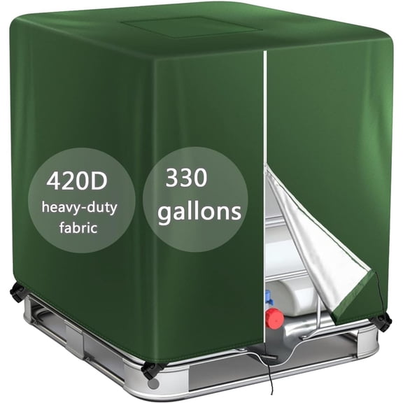IBC Tote Cover, 330 Gallon Water Tank Protection, Zipper, 420D Heavy Waterproof Sunscreen Material, 1000L, 47.2 x 39.4 x 53 in, Green
