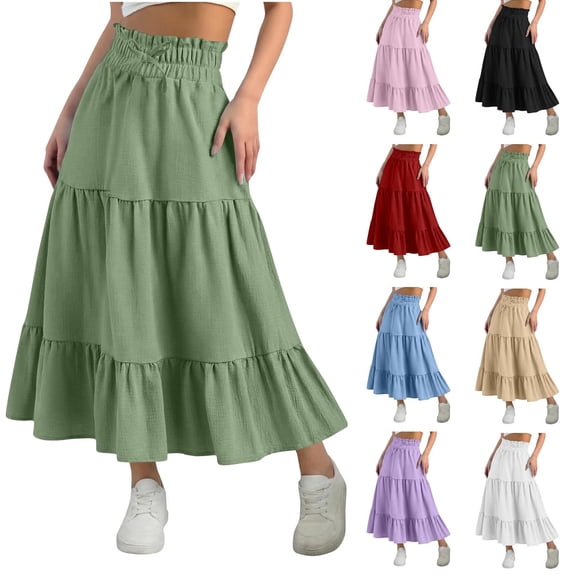 Girls Casual Vintage Solid Elastic High Waist Tiered Hem Long Swing Maxi Skirt Children's Summer Elastic Waist Full Skirt for Kids 4-15 Years