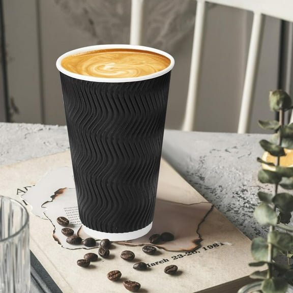16 oz Insulated Coffee Cups with Lids, 100 Pack Disposable Paper Cups for Hot/Cold Drinks - Black
