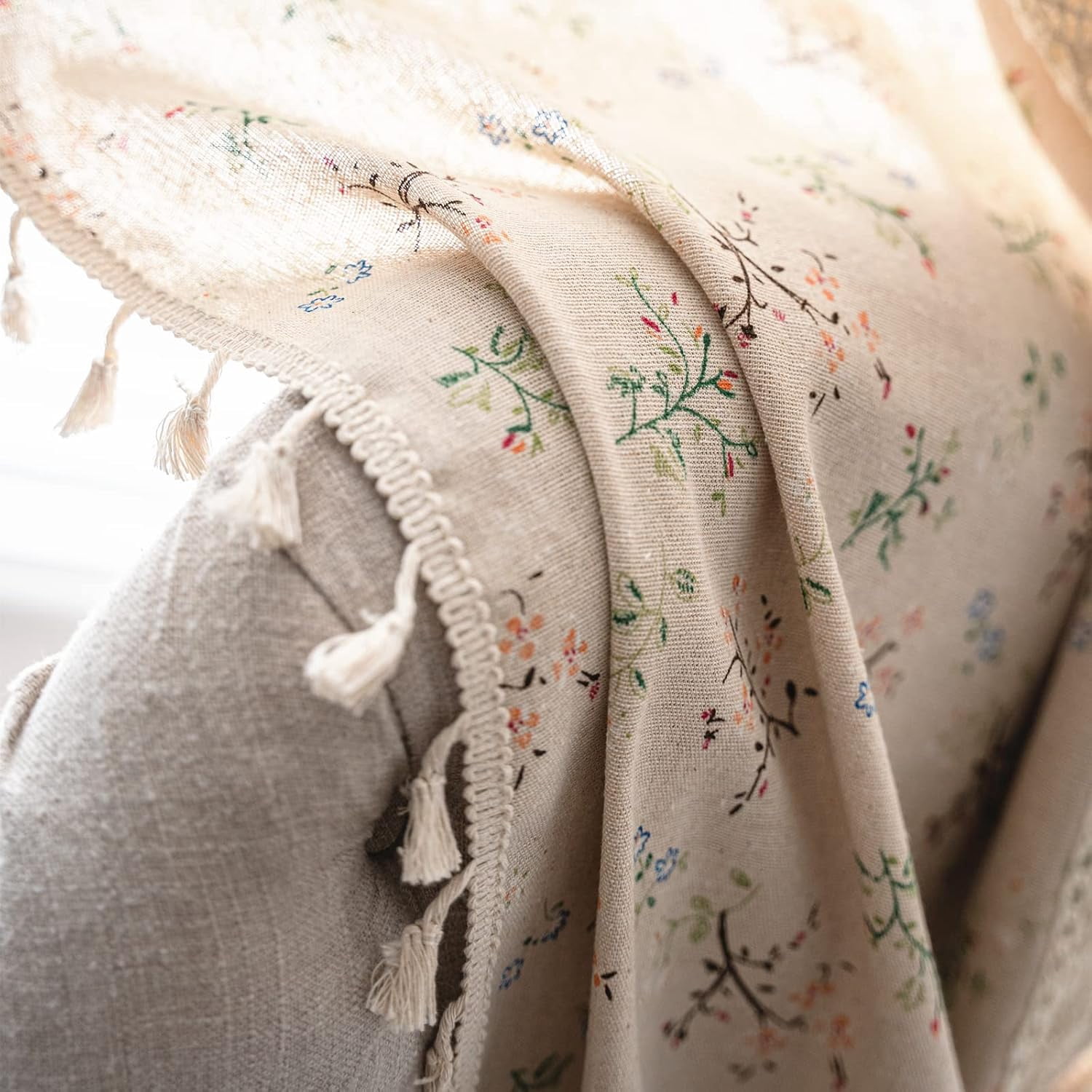 Vireellx Boho Curtains for Bedroom Living Room, Lace Hollow Crochet Stripes Blue Florals Print Cotton Linen Patchwork, Bohemian Green Tassel Semi-Blackout Window Farmhouse Drape