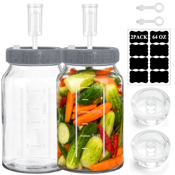 Wavraging Fermentation Jars with Weights & Airlocks, 2 Pack 64oz Glass Fermenting Kit with Lids for Sauerkraut, Kimchi, Pickles, Kombucha & Canning