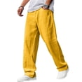thumbnail image 2 of Nestiefly Mens Cotton Linen Pants, Casual Fabric Loose Comfort Trousers Drawstring Pockets Golf Pants Yellow 3XL, 2 of 6