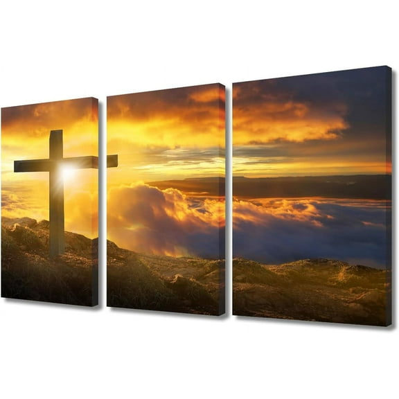 3 Panel Wall Art Jesus Crosses at Sunset Poster on Canvas, USA Art Paintings Christian Religion Picture Giclee Artwork Prints for Modern Office Home Decoration, 36" Wx24 H