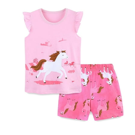 Big Girls Summer Outfit Sets Short Sleeve Cartoon White Horse Print T Shirt Shorts Two Piece Girls Summer Clothes Shorts Set Pink 8-9 Years