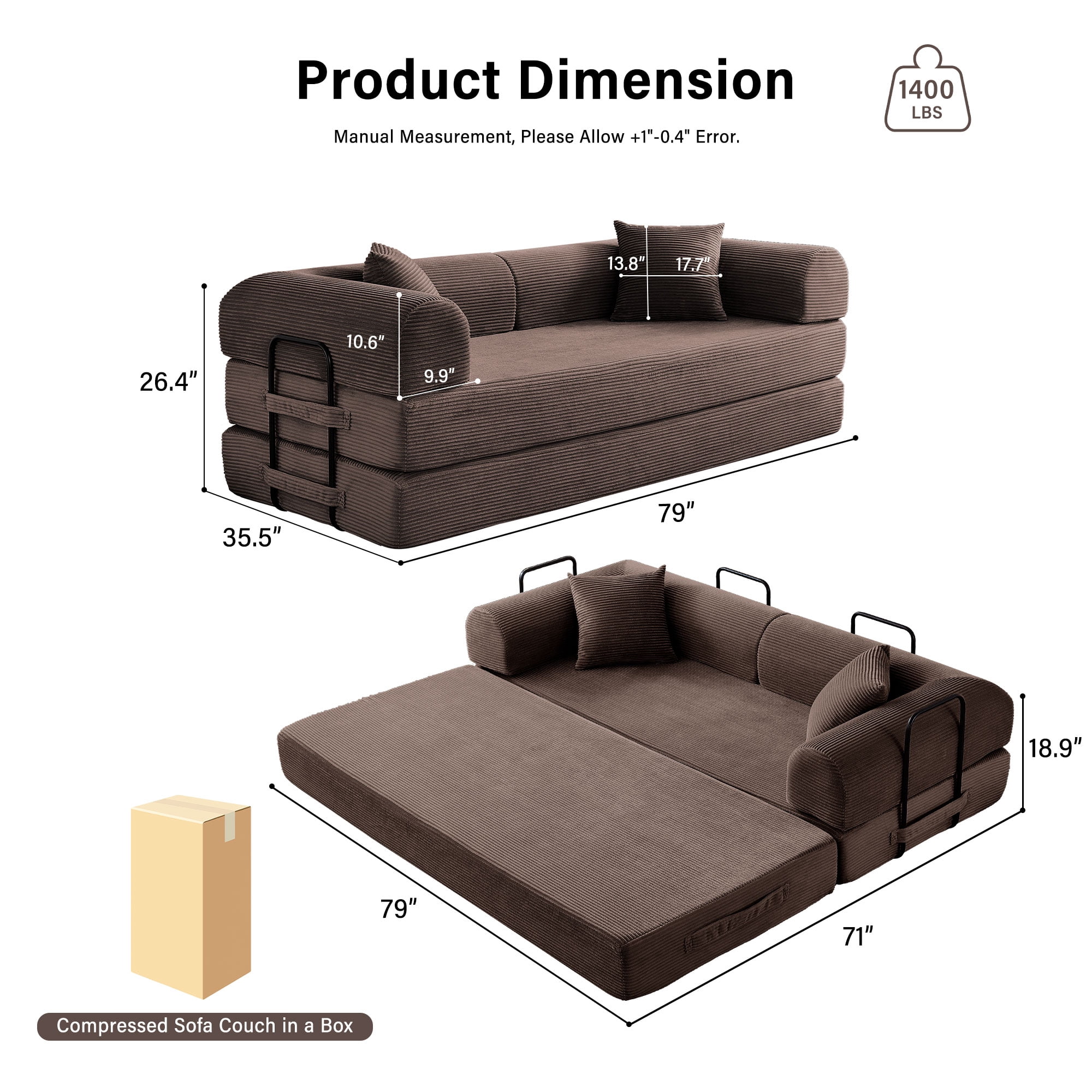5-in-1 Folding Convertible Sofa Bed, 79" Corduroy Floor Couch Futon, Pull-Out Sleeper Loveseat, Modular Boneless Sofa for Living Room & Bedroom, Brown