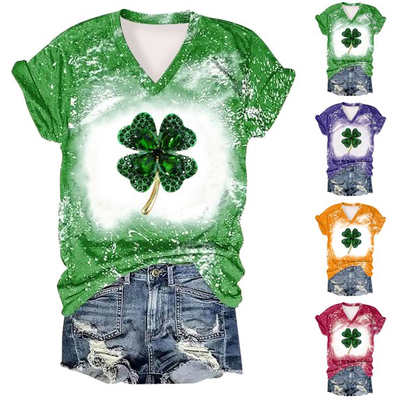 Fesfesfes Tee Women's St Patrick's Day Printed T-shirt V Neck Short Sleeved Top Short Sleeved V-neck Top Shirt Women Short Sleeve Tops XL(US:10)