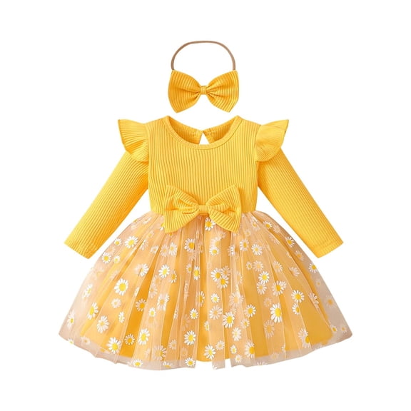 Atogsazn Toddler Baby Girls Clothes Set Infant Ruffle Long Sleeve Ribbed Tulle Dress with Headband Outfit Yellow 18-24 Months Fashion