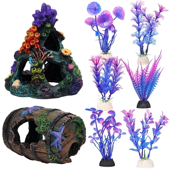 VNEKVA Colorful Coral Reef Aquarium Decor Set, Fish Tank Decorations, 1 Coral Mountain, 1 Starfish Barrel & 6 Artificial Plants for Aquarium Landscape