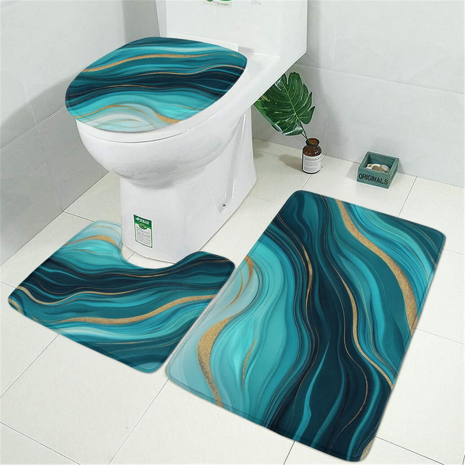 Teal Marble Gold Wave Pattern Bathroom Rugs Sets 3 Piece,Toilet Cover Set,Absorbent Non Slip Bathroom Mats Sets with U-Shaped Contour Rug Toilet Rug Set