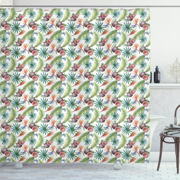 Watercolor Shower Curtain, Illustration of Whole or Sliced Figs and Palm Leaves Aloha Vibes, Fabric Bathroom Set with Hooks, 69W X 75L Inches Long, Multicolor, by Ambesonne