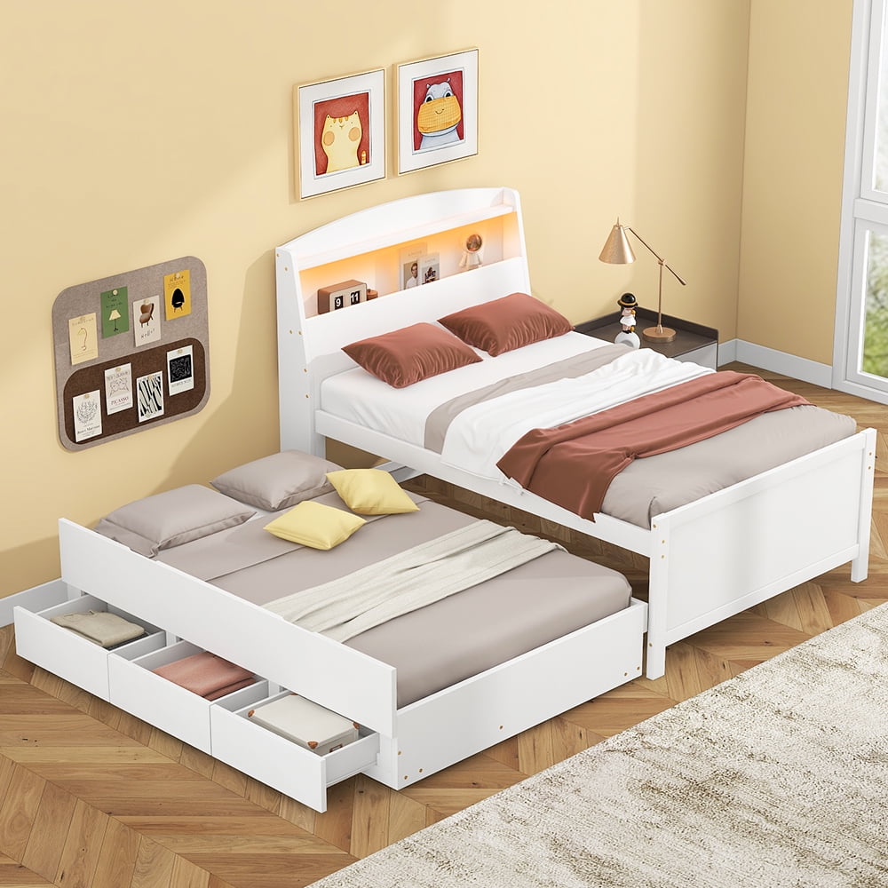 Euroco Wood Twin Size Platform Bed with Storage Headboard, Drawers Trundle and LED Light, White
