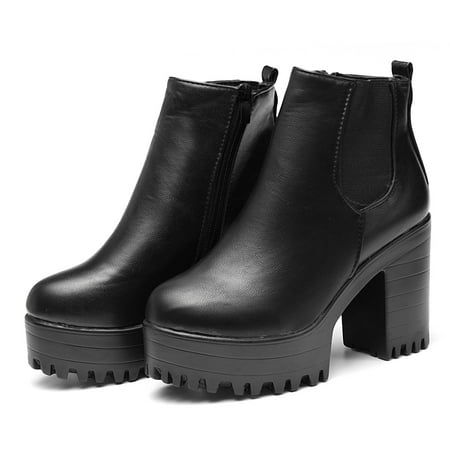Meigar Winter Women's Chel-sea Chunky Shoes Ankle Boots Platform Block High Heels