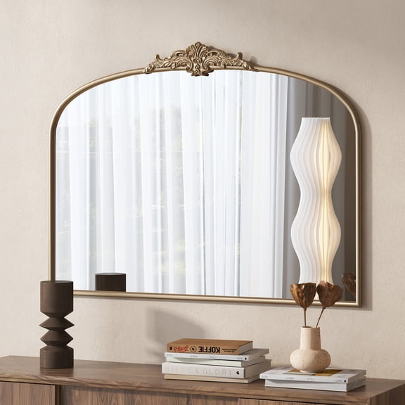 Noble House 40" Arched Vintage Baroque Wall Mirror with Metal Frame, Traditional Ornate for Entryway, Antique Gold