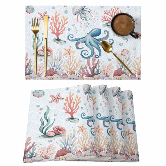 Octopus Coastal Placemats Set of 8, Summer Beach Ocean Shell Jellyfish Starfish Placemats for Dining Table, Place Mats for Kitchen Tabletop, Waterproof Wipeable Dining Table Mats Set