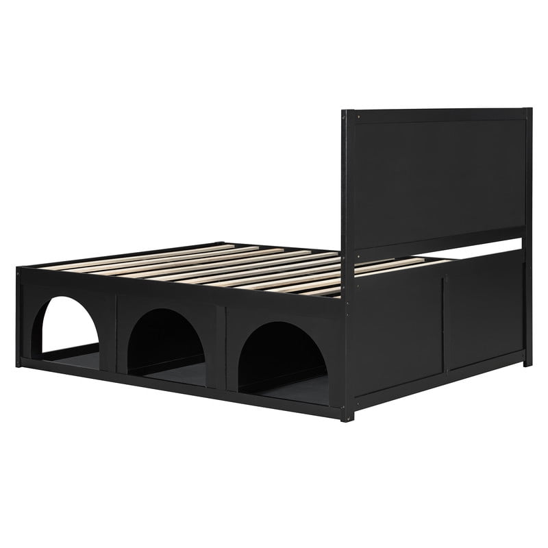 Queen Size Pet-Friendly Platform Bed with Under-Bed Pet Nooks, Heavy Duty Wooden Storage Bed Frame with Padded Headboard