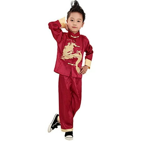 AvaCostume Traditional Chinese Boy Dragon Kung Fu Outfit Tang Costume, Red,