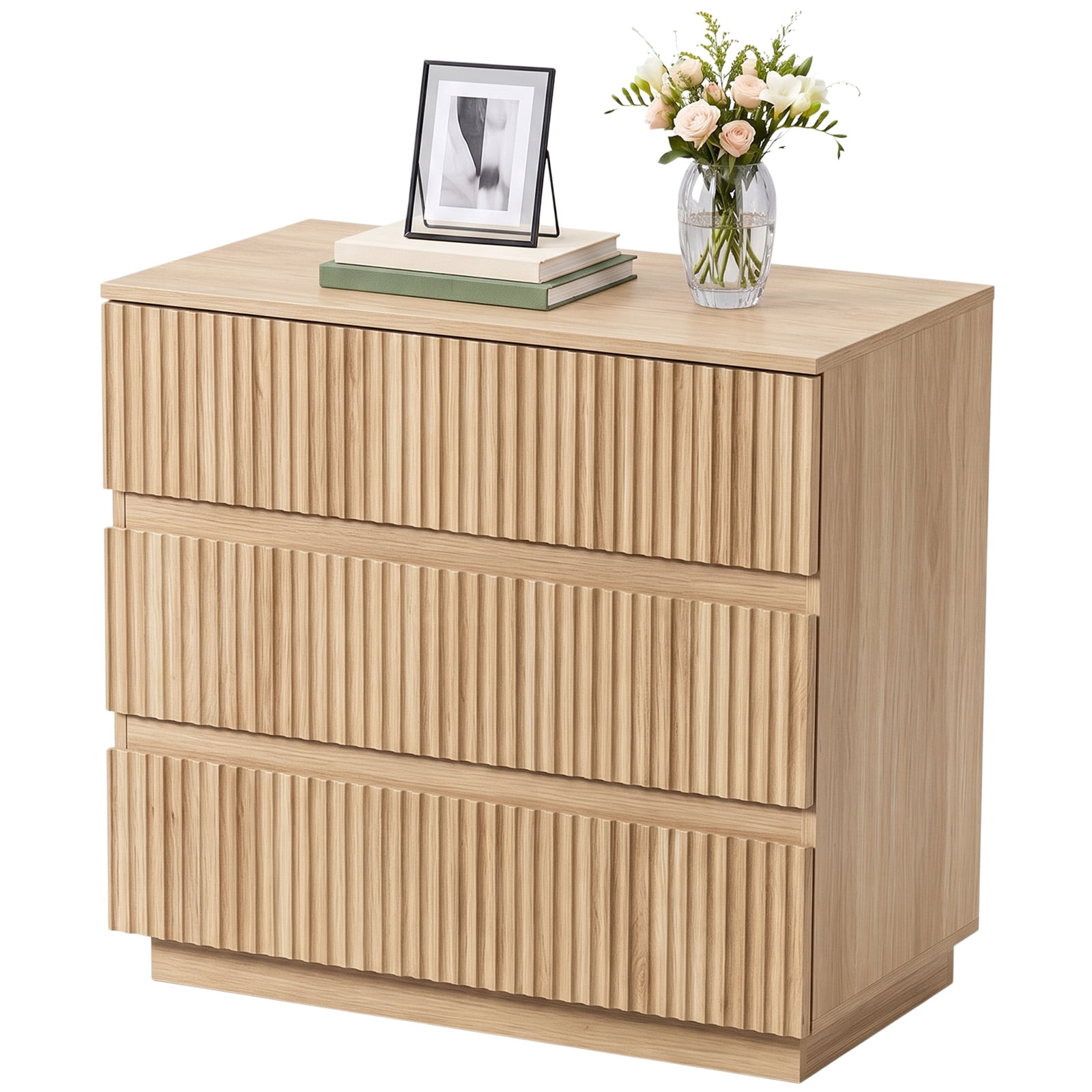 Handleless Grille-Finished 3-Drawer Bedside Table, P2 Particleboard + MDF & Melamine Veneer + Thermoformed Drawer Cabinet 23.62*12.99*22.05in Oak