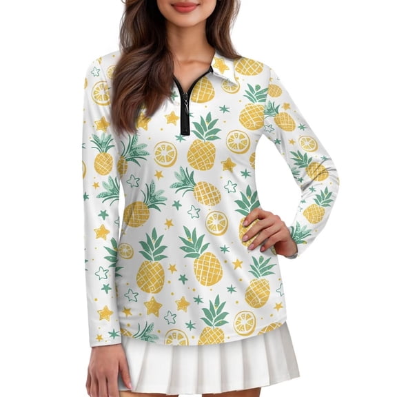 Chririnla Elegant Robin Bird Women's Golf Shirts Long Sleeve Quarter Zip Sun Protection Athletic Polo Workout Tops Quick Dry Active T-Shirt Athletic Tee for Gym Fitness, Hiking,M