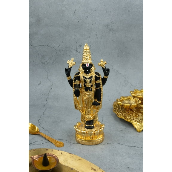 Lord Balaji Standing on A Lotus Pedestal Idol in Black & Gold - 8 Inches