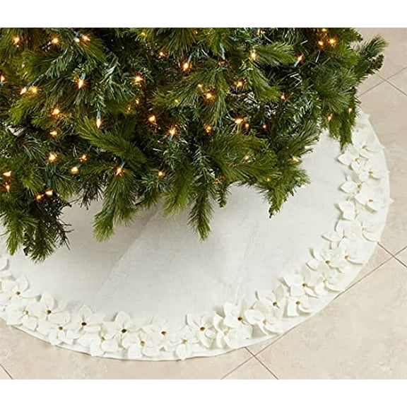 Fennco Styles Handmade Felt Flower Holiday Christmas Tree Skirt 53 Inch Round - White Tree Skirt for Home, Holiday Tree, Indoor and Special Occasion