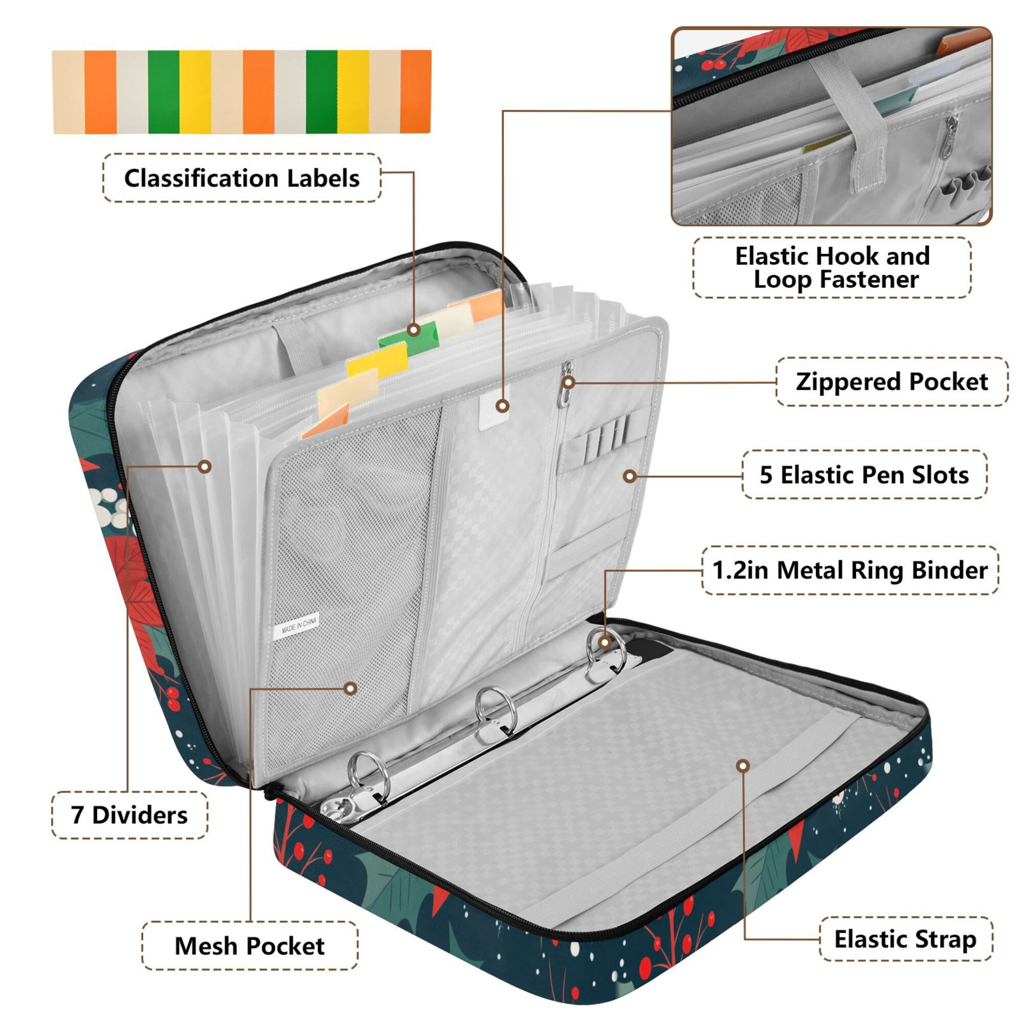 FORMRS Accordion File Folder A4 Size 7-Pocket Expanding Document Organizer Bag with 3 Ring Binder, Christmas Berries
