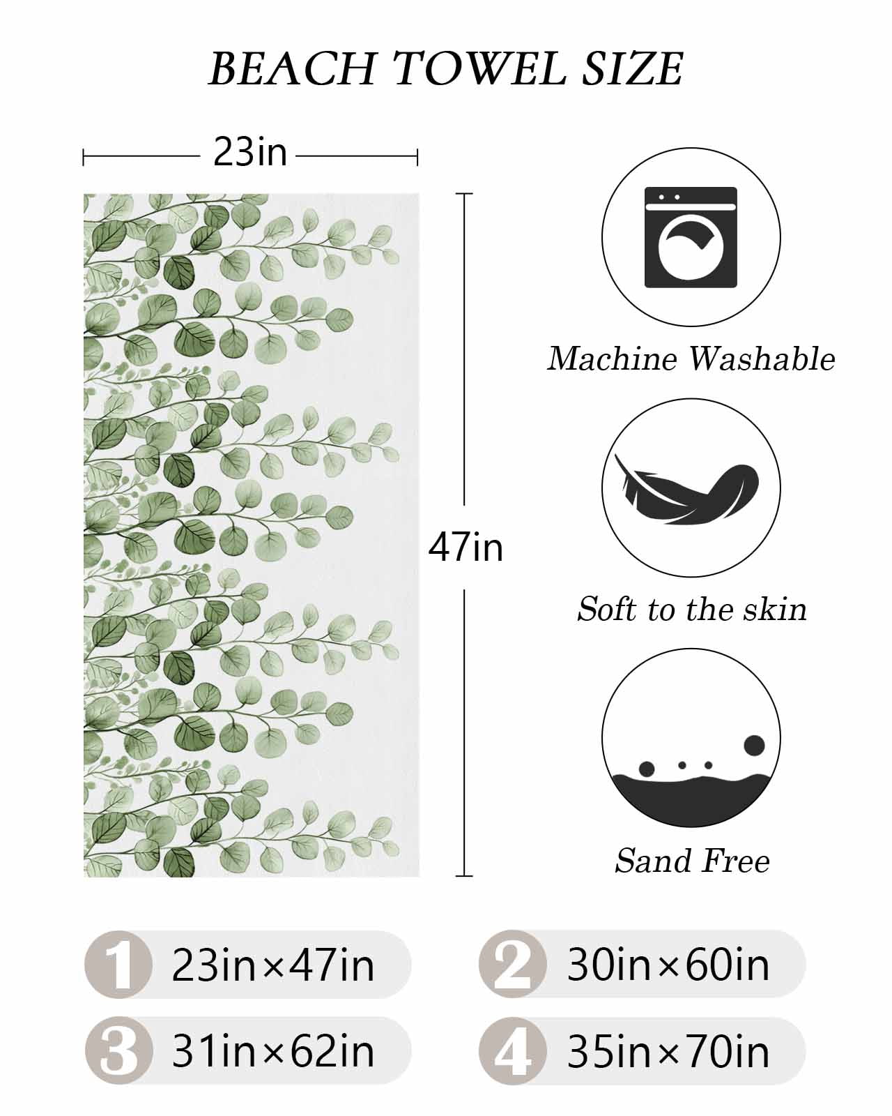 Sage Green Eucalyptus Leaves Beach Towels Oversized Super Absorbent, Spring Country Botanical Lightweight Bath Towel Quick Dry Sets For Bathroom/Pool/Rv Camping/Beach Play/Gym Room/Picnic 30"x60"